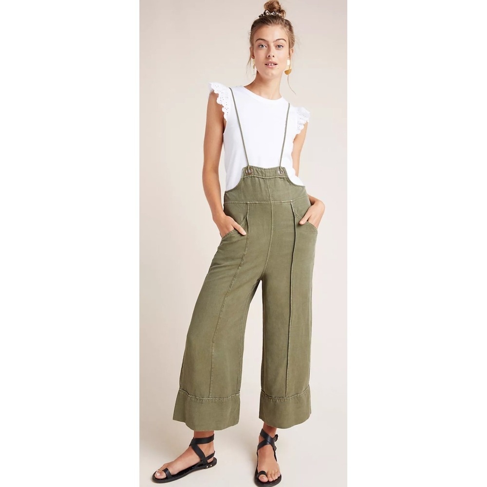 Army Green Anthropologie Asha Bib Front Utility Overalls Sz Small Wide Leg Ankle